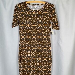 NWT Lularoe Julia, black dress with gokd/green/red pattern, size XXS